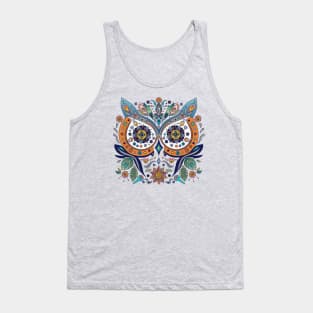 Mexican Style Graphic Owl Face Flowers Leaves Tank Top